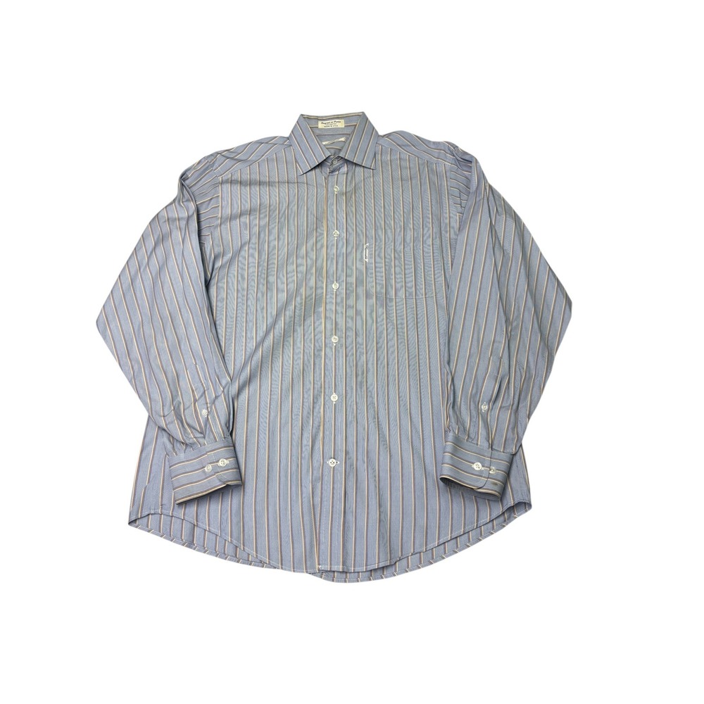 Faconnable Mens Blue Tan Striped Cotton Button Down Shirt Made in USA 15.5 L